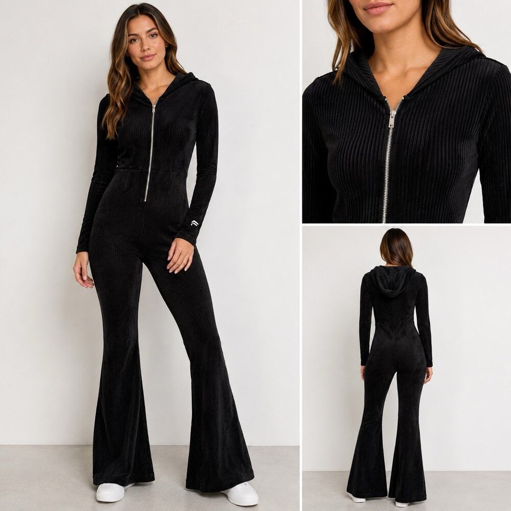 Fabletics Plush‎ Rib Hooded Jumpsuit Women’s XS Black Velour Flare Leg NWT